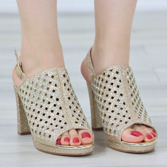 Sparkly Rhinestone Glitter Champagne Platform High Heels Open Toe Party Shoes - Picture 8 of 14